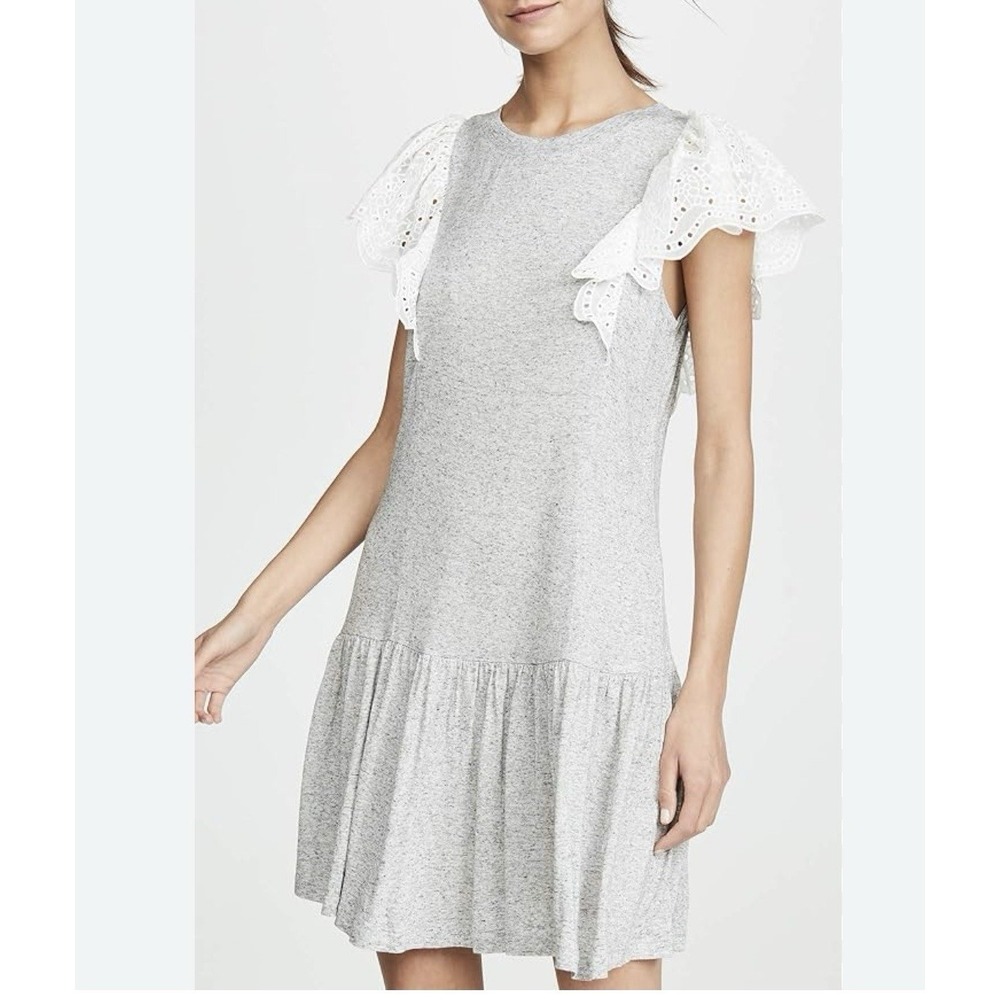 Rebecca Taylor Mini Dress Women S Grey Excellent Eyelet Lace Flutter Sleeve Drop
